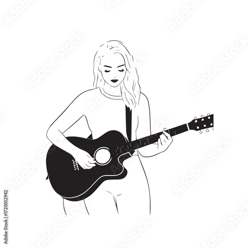 Black and white line art of a cool woman playing guitar in casual outfit minimalist stylish illustration