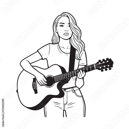 Black and white line art of a cool woman playing guitar in casual outfit minimalist stylish illustration