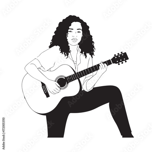 Black and white line art of a cool woman playing guitar in casual outfit minimalist stylish illustration