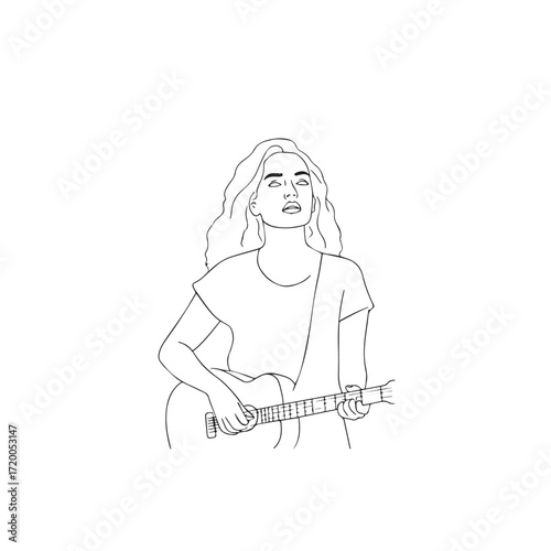 Black and white line art of a cool woman playing guitar in casual outfit minimalist stylish illustration