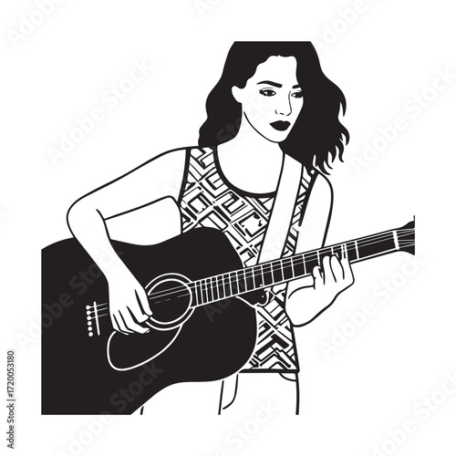 Black and white line art of a cool woman playing guitar in casual outfit minimalist stylish illustration