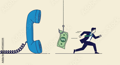 Businessman chasing money bait hooked to phone symbolizing scam