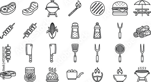 Collection of barbecue and grilling line icons. A set of vector symbols for outdoor cooking, picnic food, and summer cookouts