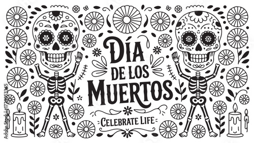 Two Calaveras Catrinas skeletons dancing joyfully for Dia de los Muertos a celebration of life and Mexican heritage representing remembrance and tradition