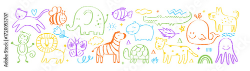 Set of cute animals with organic texture of crayon, chalk or pastel . Lion, elephant, monkey, octopus. Color vector illustration on a white background.