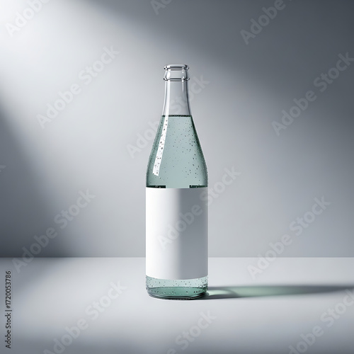 Glass Bottle of Sparkling Water with Blank Label on Minimalist Gray Background
