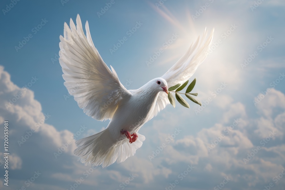 Obraz premium white dove flying in clear blue sky with olive branch in its beak, sunlight rays shining from behind clouds, symbol of world peace, no text.