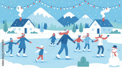 Vector art of people ice skating in a snowy village with mountains and festive lights