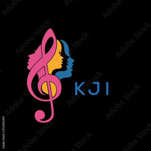 "Colorful Female Silhouettes with Treble Clef Music Symbol on Black Background – KJI Later Logo, Empowerment, Diversity & Art Concept"
