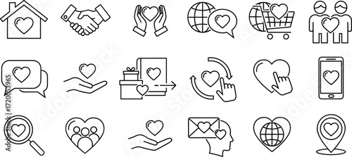 Collection of modern vector icons for charity, kindness, and love-themed designs in a minimalistic style