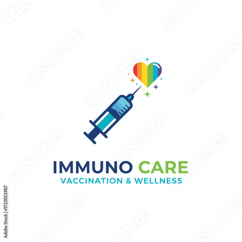 A positive vaccination and wellness logo featuring a syringe creating a sparkling, rainbow-colored heart, promoting health and immunity.