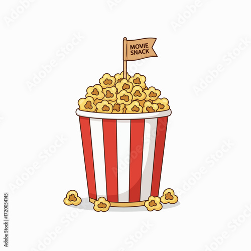 A classic red and white striped bucket of popcorn with a small flag on top that reads "MOVIE SNACK".