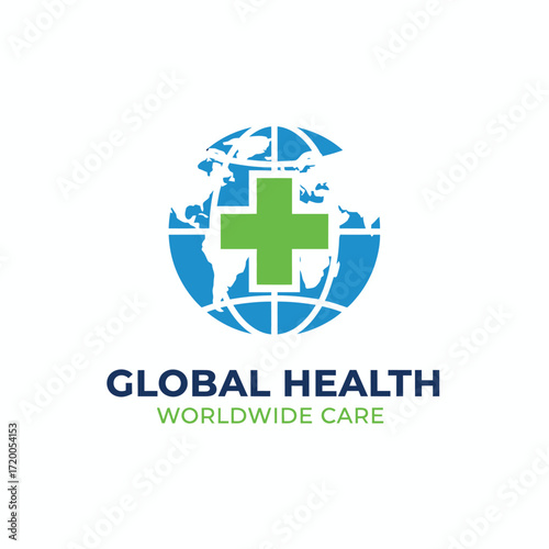 A global health logo showing a green medical cross over a world map, representing worldwide medical care and services.