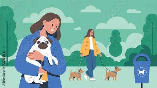 Vector art of woman holding a pug in a park with other people walking dogs