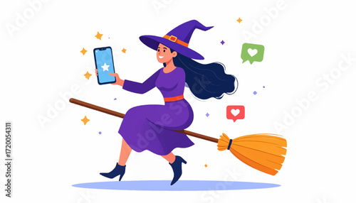 Digital Magic A Cheerful Witch Soars Through the Air on Her Broom, Actively Engaged with Her Smartphone and Social Media Apps