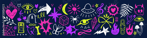 Grange punk elements with chalk or crayon texture. Hand drawn halloween shapes of fire, eye, heart. Doodle vector illustration.