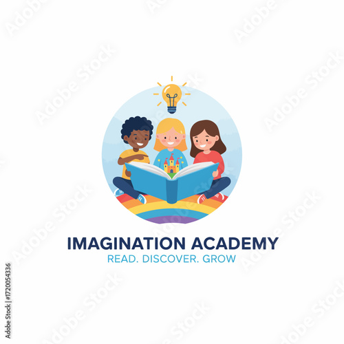 A charming logo for an academy showing diverse children reading together, sparking imagination and growth with a bright idea.
