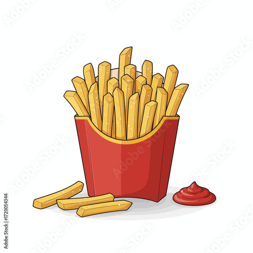 A delicious serving of golden french fries in a red carton with a side of ketchup, isolated.