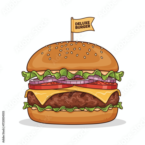 Delicious deluxe burger with cheese, lettuce, onion, and tomato, topped with a small flag.
