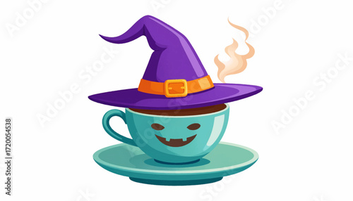 Halloween-themed turquoise coffee cup with a witch hat and a spooky smiley face on a saucer