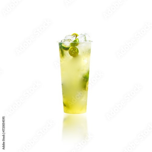 Cold citrus sparkling tea with lime and lemon, isolated on white background