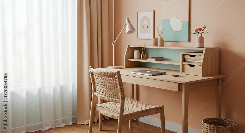 Fototapeta premium Minimalist Home Office Desk Workspace with Decor and Natural Light