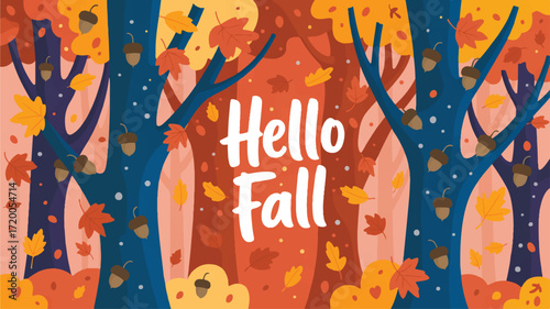 Vector art of hello fall text surrounded by autumn trees and falling leaves