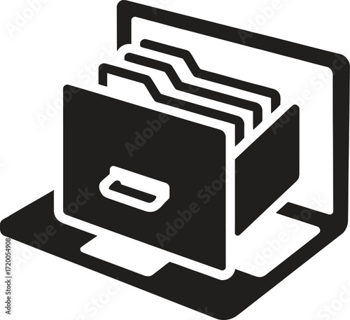 Digital filing cabinet icon on a laptop screen representing data organization