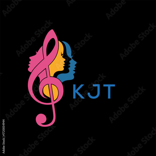 "Colorful Female Silhouettes with Treble Clef Music Symbol on Black Background – KJT Later Logo, Empowerment, Diversity & Art Concept"
