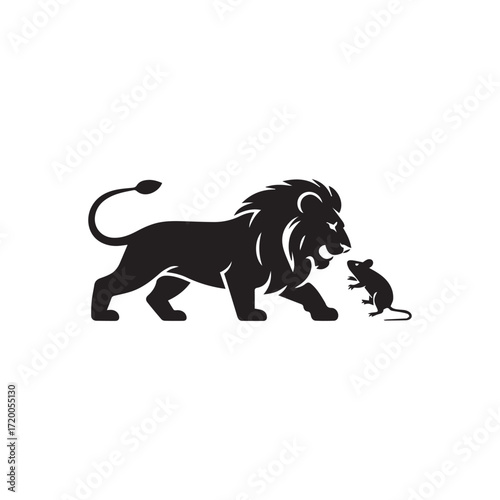 Illustration of a lion walking towards a mouse, depicting the classic fable of the lion and the mouse
