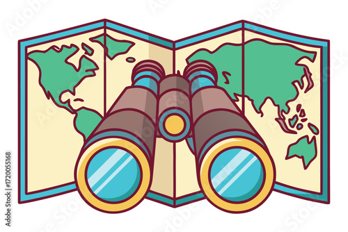 Binoculars and Folded World Map with Continents travel exploration