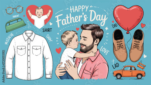 Vector art of happy fathers day illustration with father and son, gifts, and symbols