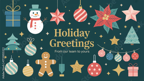 Vector art of holiday greetings with festive ornaments, snowman, gingerbread man, and trees