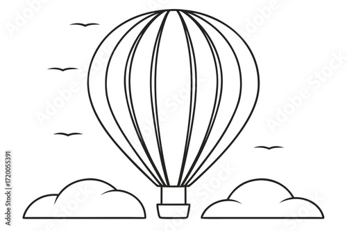 Black Outline Hot Air Balloon Floating Among Clouds and Birds airship flight