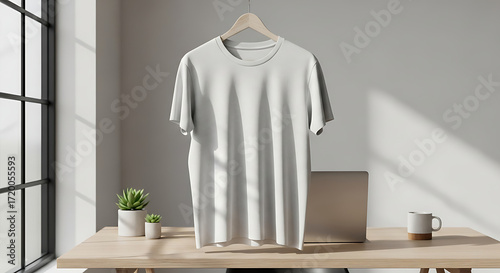 Clean White T shirt Mockup on Hanger in Minimalist Room with Shadows