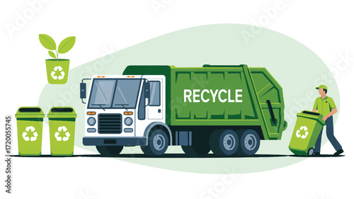 Vector art of recycling truck and worker collecting bins