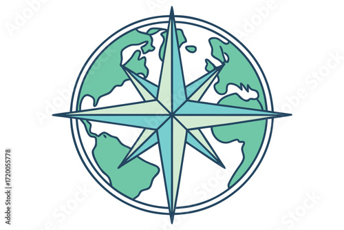 Compass rose superimposed on a stylized globe with continents earth world