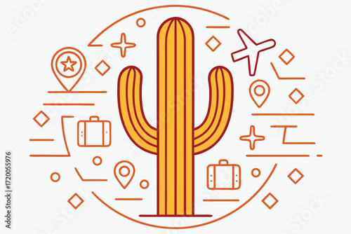 Desert Cactus Travel Icons with Suitcases and Airplane vacation
