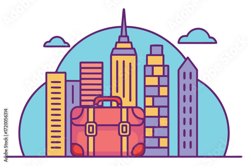 Flat illustration of a red briefcase in front of a stylized New York City skyline buildings
