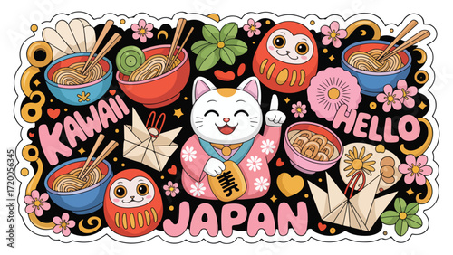 Kawaii Japanese Maneki-neko cat with ramen bowls origami and daruma dolls representing Japanese culture and good luck