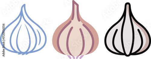 Stylized garlic bulbs in different line art styles, a culinary theme illustration