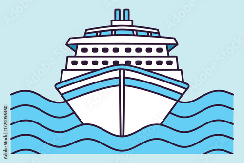 Front View of a Stylized Cruise Ship Sailing on Blue Waves Keywords: cruise ship, boat, ocean, sea, water