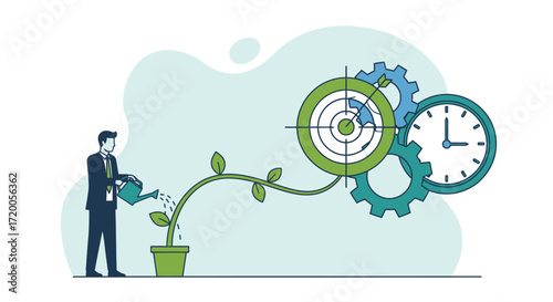 Businessman watering plant growing into gears and clock symbolizing growth and time management
