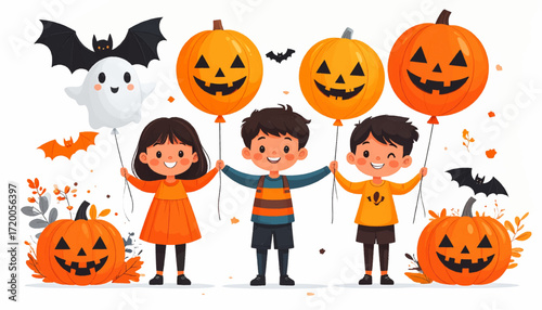 Joyful Halloween festival concept featuring cute cartoon children holding spooky jack-o-lantern balloons and celebrating together