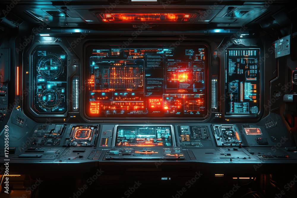 Obraz premium Computer with glowing red light.