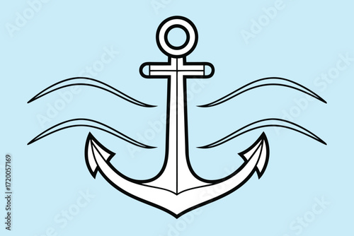 Nautical Anchor Symbol with Stylized Waves on Light Blue Background Keywords: anchor, nautical, sea, ocean