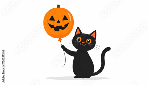Spooky Black Cat Holding a Jack-o'-Lantern Balloon for Halloween Celebration