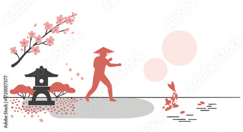 Stylized graphic illustration of a Japanese cultural scene with a martial artist, cherry blossoms, a stone lantern, and koi fish. Symbolizes strength, beauty, and harmony