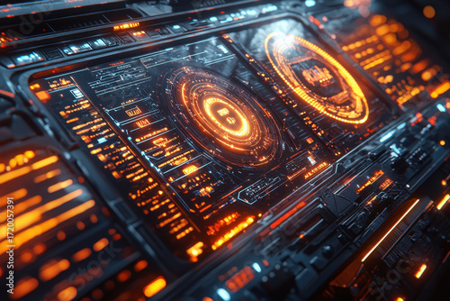 Futuristic computer with glowing lights.