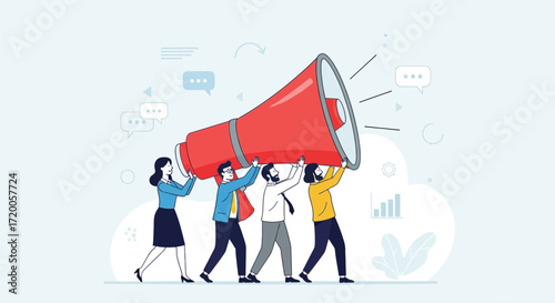 Team effort amplifying message with giant megaphone concept art
